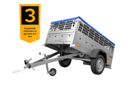 Remorque grillagée 200×106 avec bâche plate bleue, ridelles grillagées et roue jockey – Garden Trailer 200 KIPP