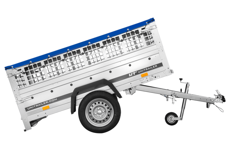 Remorque grillagée 200×106 avec bâche plate bleue ridelles grillagées et roue jockey – Garden Trailer 200 KIPP
