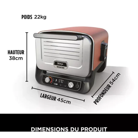 Four à pizza électrique NINJA Woodfire OO101EU orange inox, 1 pizza 30 cm, préchauffage 15 min, jusqu'à 370°C