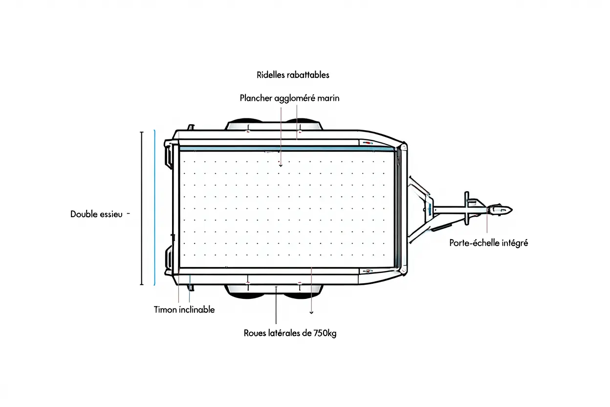 Schéma technique d’une remorque double essieu avec timon inclinable, plancher marin, roues latérales et porte-échelle intégré.