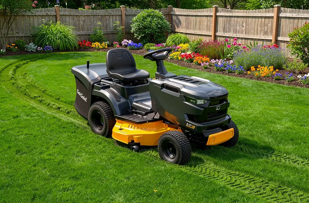 Tondeuse autoportée travaillant sur une pelouse de jardin résidentiel