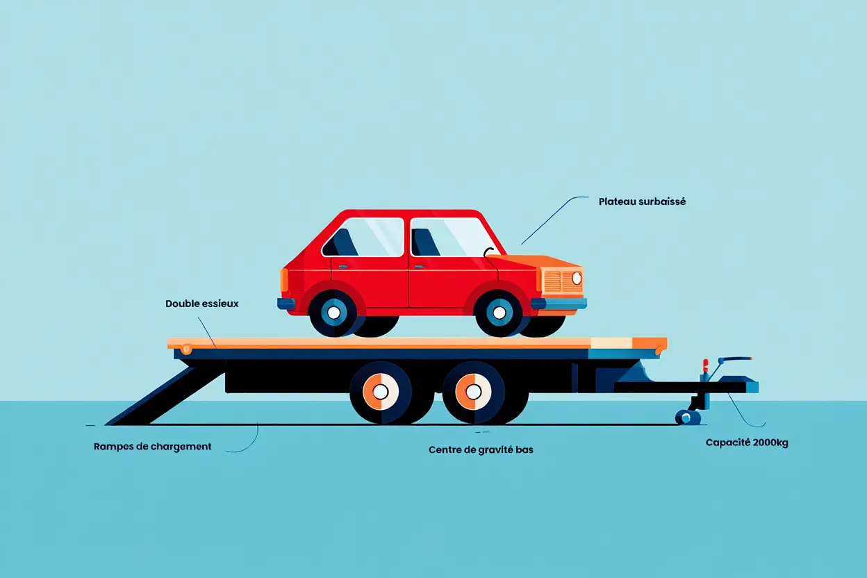 Remorque avec véhicule sur plateforme, double essieux, rampes de chargement abaissées, centre de gravité bas, capacité 2000 kg, vue latérale illustration flat design.