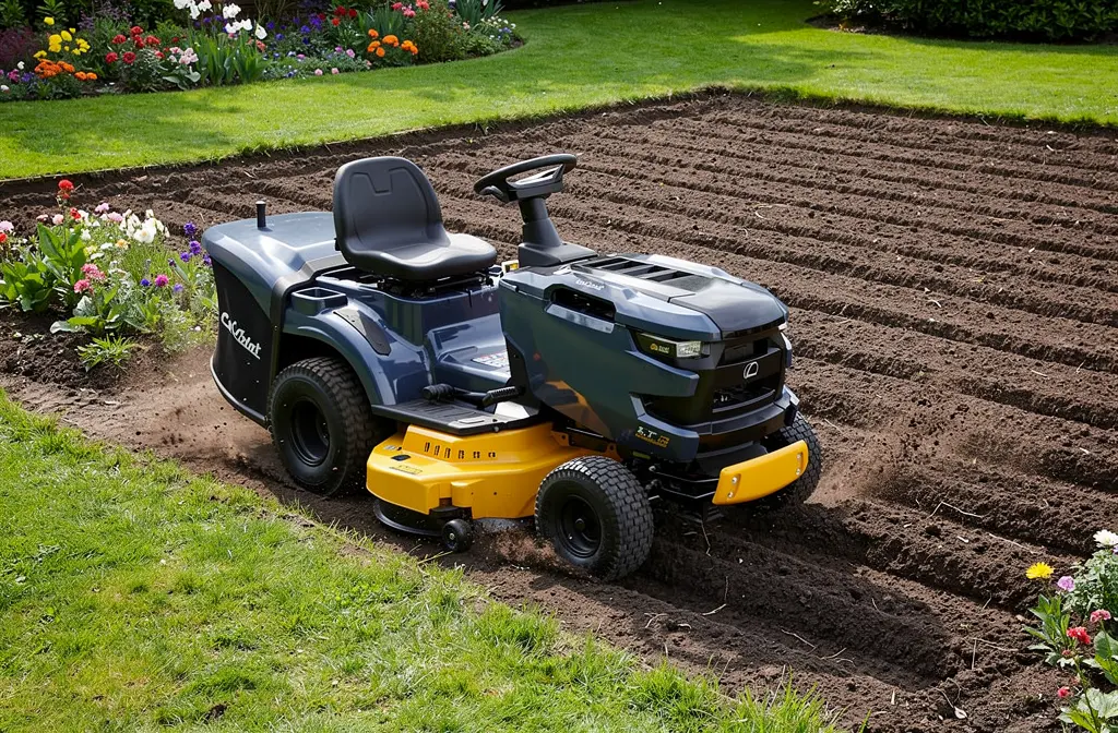 Tracteur tondeuse travaillant dans un jardin préparant le sol labouré