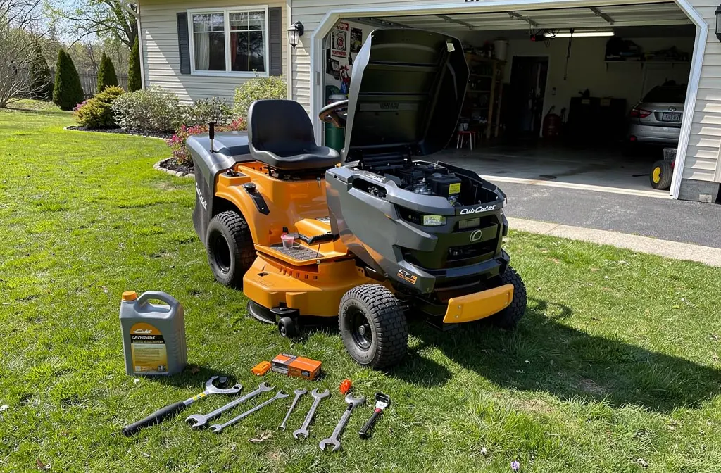 Tracteur tondeuse Cub Cadet capot ouvert pour révision moteur dans un jardin ensoleillé.