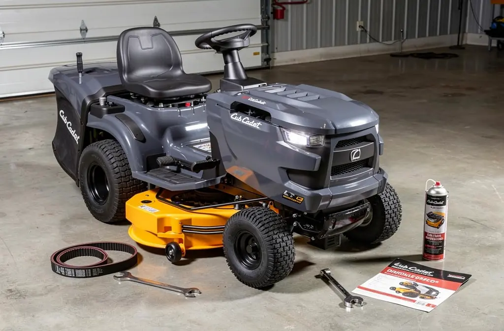 Tracteur tondeuse Cub Cadet en atelier avec courroies exposées pour l'hivernage.