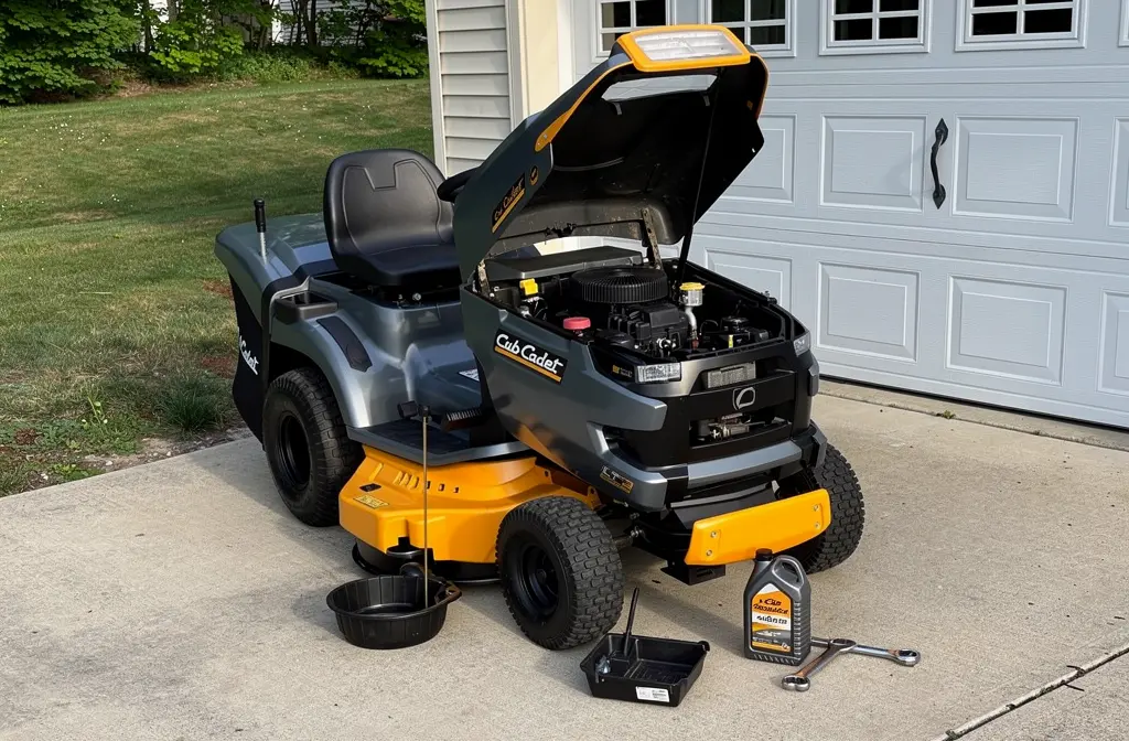 Tracteur tondeuse Cub Cadet en cours de vidange dans une allée de garage.
