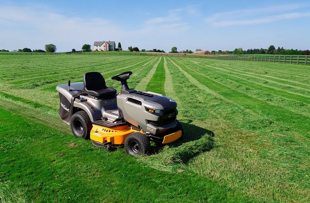 Tracteur tondeuse en action sur une grande pelouse verte d'une propriété agricole.