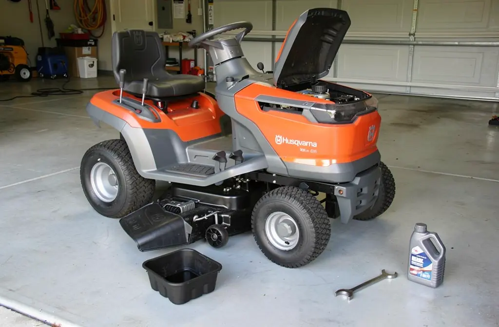 Tracteur tondeuse Husqvarna avec bac de vidange et outillage posés au sol pour une vidange moteur.