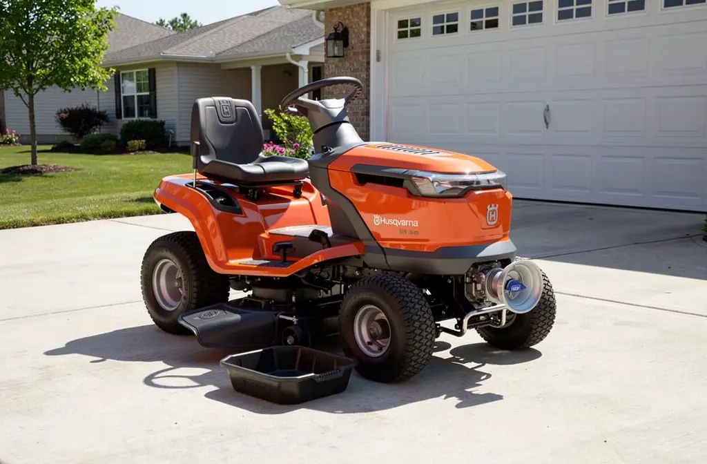 Tracteur tondeuse Husqvarna en cours de vidange dans une allée résidentielle ensoleillée.